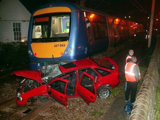 Train hits car, Essex November 2006. For ITV1 News ~ HVC